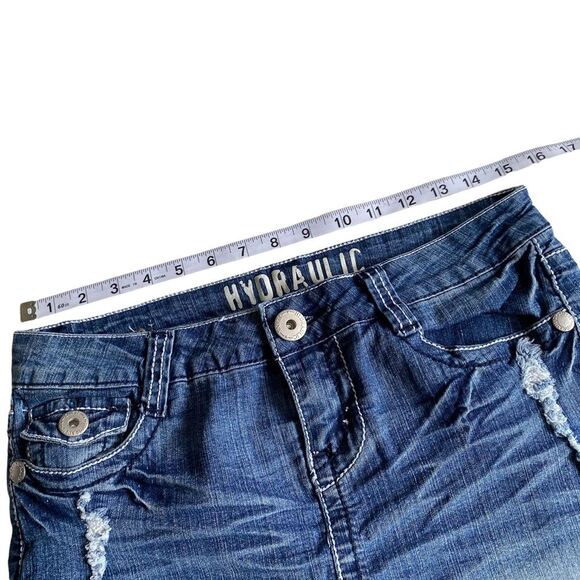 Vintage Hydraulic Distressed Denim Blue Jean Flap Pocket Micro Mini Skirt Sz 7/8 - Picture 3 of 14